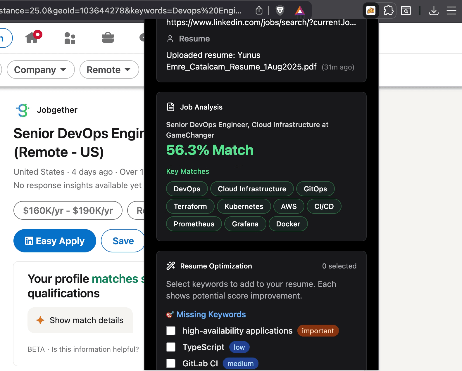 Match score and improvement suggestions